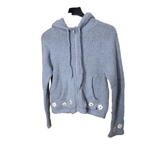 Roxy Vintage Blue Daisy Embroidered Wool Blend Zip Up Knit Hoodie Sweater Small